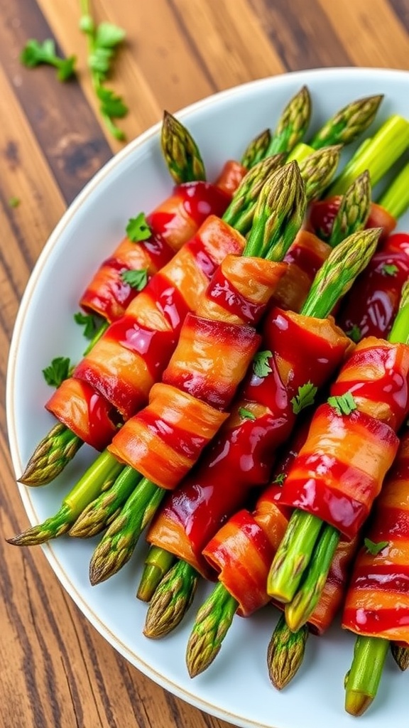 BBQ bacon-wrapped asparagus on a plate, grilled and glazed with barbecue sauce, garnished with fresh herbs.